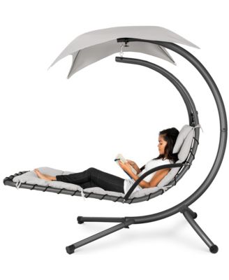 Hanging Curved Chaise Lounge Chair Swing for Backyard, Patio w/ Pillow, Shade, Stand