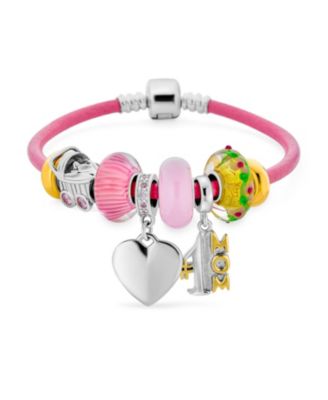 1 Mom Family Heart Theme Beads Multi Charm Bracelet For Women .925 Sterling Silver Pink Leather European Barrel Snap Clasp Bracelets 6.5