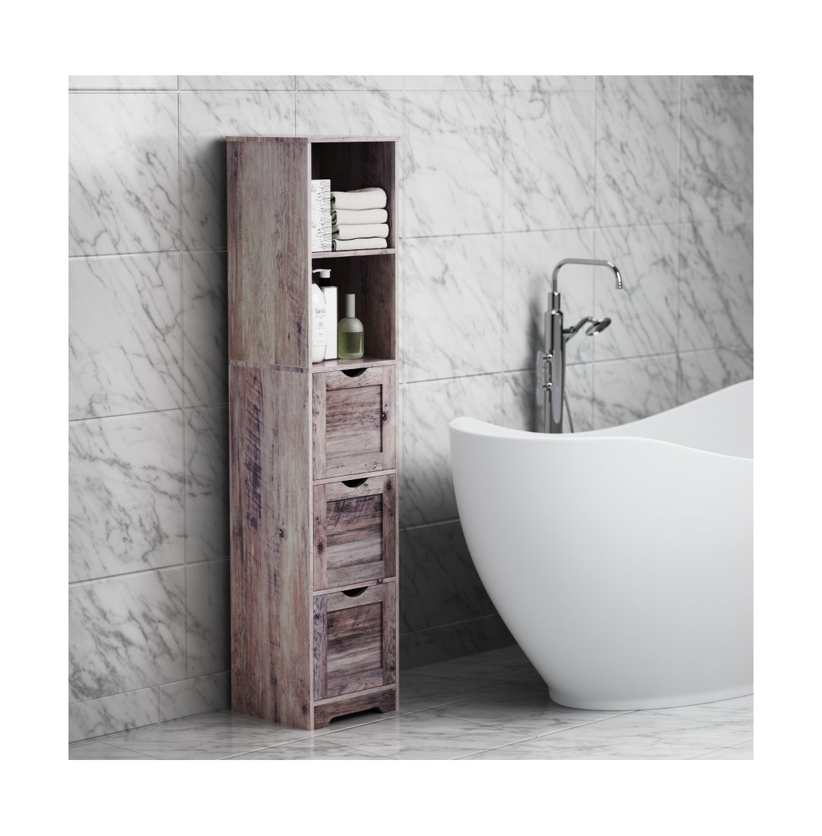 SlickblueBathroom Floor Cabinet – Tall, Narrow Storage with 3 Drawers, 2 Shelves - Grey