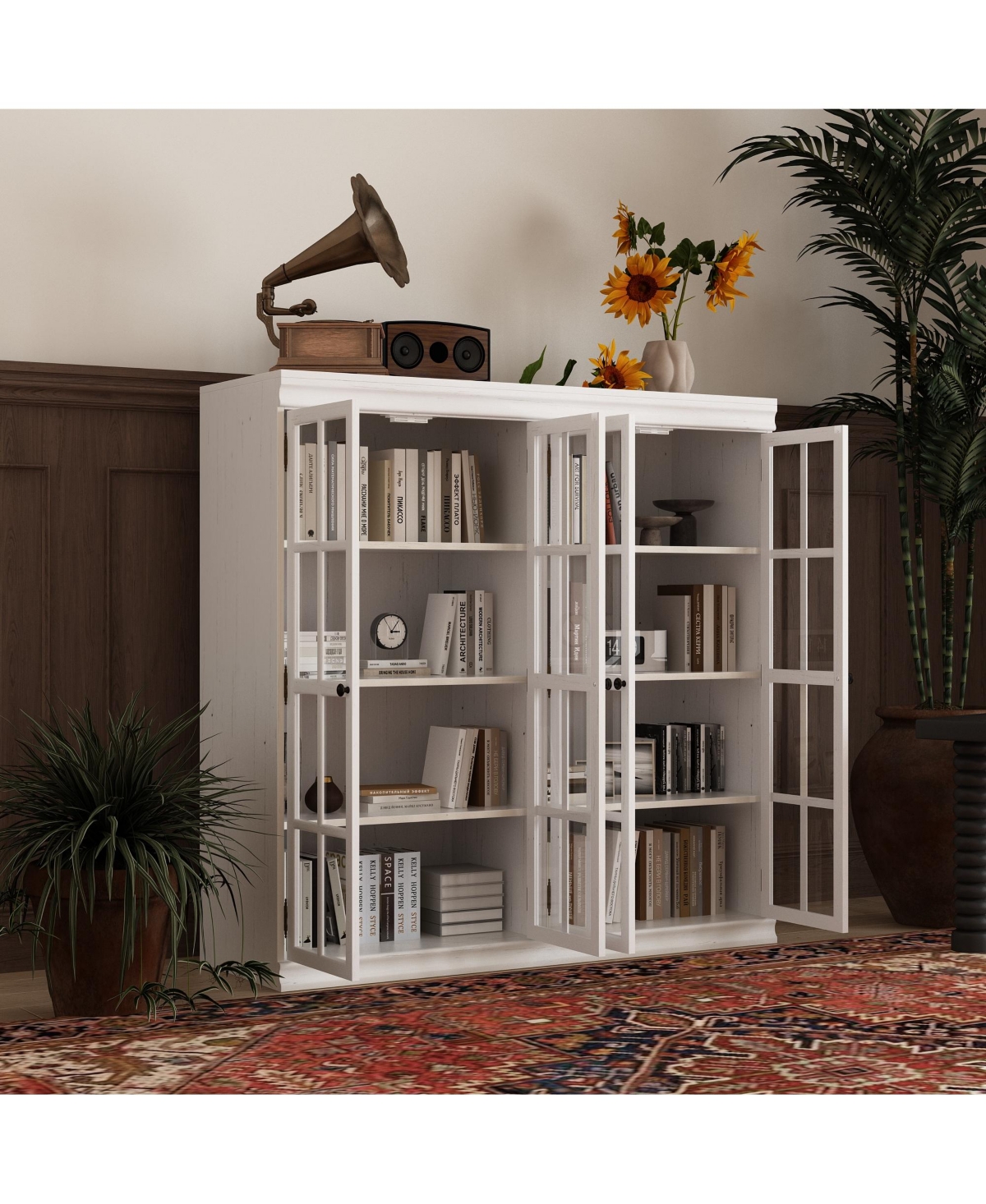 Famapy Black Wood Bookcase Storage Cabinet With Tempered Glass Doors