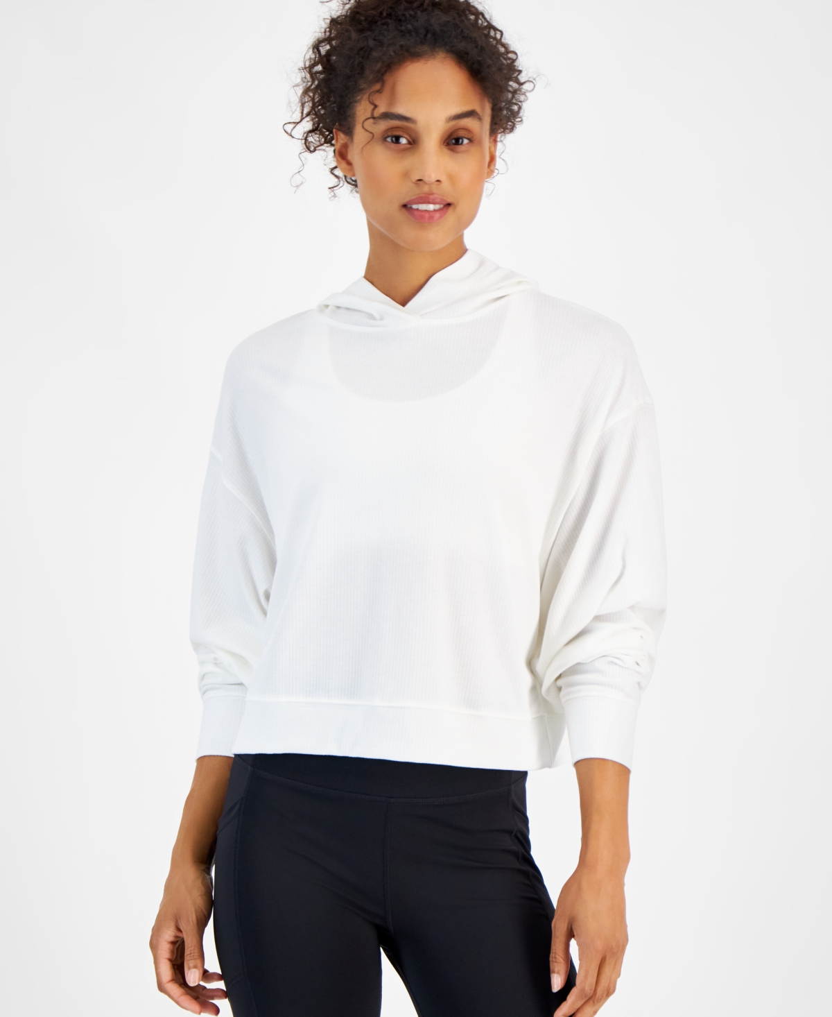 Id Ideology Women's Ribbed Drop-shoulder Hoodie, Created For Macy's In Winter White