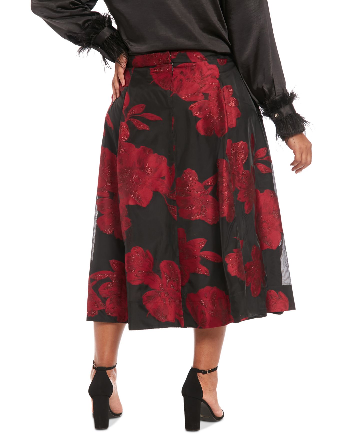 Женская юбка Muse Plus Size Pleated Floral-Print Organza, цвет: Чёрный красный — фото 2