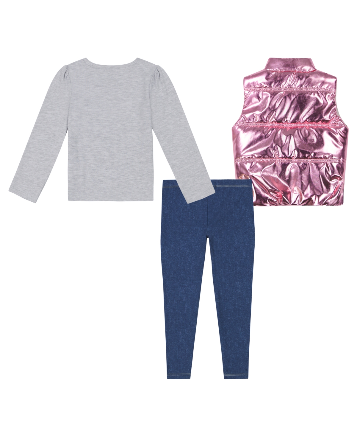 CALVIN KLEIN TODDLER AND LITTLE GIRLS METALLIC PUFFER VEST, LONG SLEEVE LOGO TEE JEGGINGS, 3-PIECE SET 