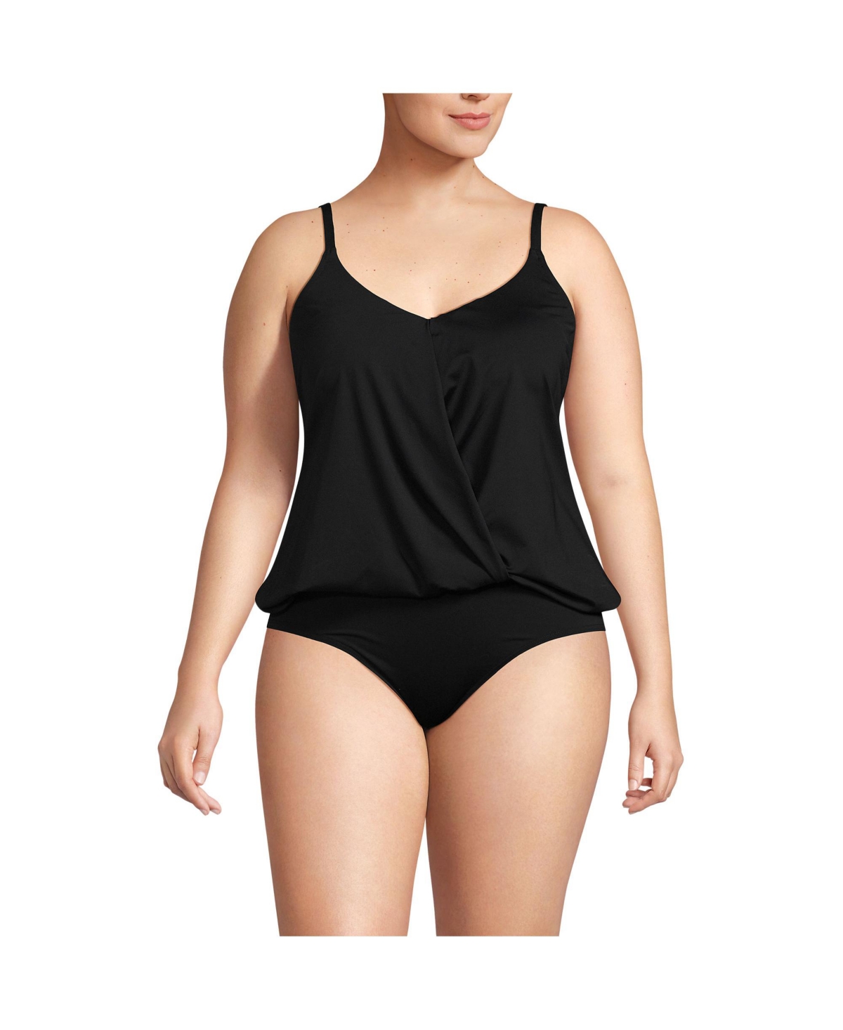 Plus Size Chlorine Resistant Smoothing Control Blouson Fauxkini One Piece Swimsuit - Black