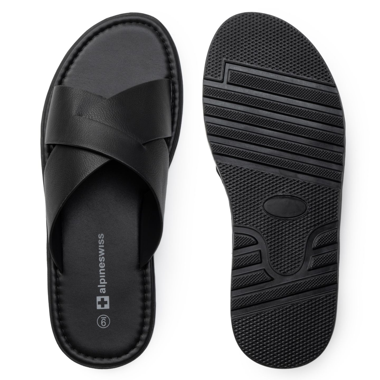 Мужские сандалии Alpine Swiss Hugo Faux Leather Slide Sandals Indoor Outdoor Anti-Slip Shoe Cross Strap Design Flip Flops, цвет: Чёрный — фото 2