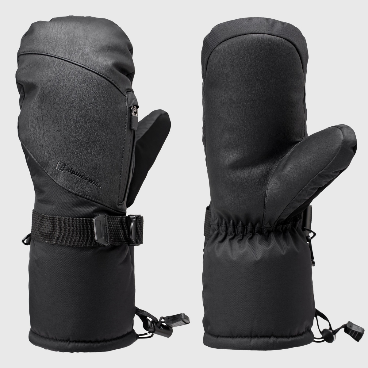 Mens Waterproof Snow Gloves Zipper Pockets Winter Sport Mittens - Black mitten