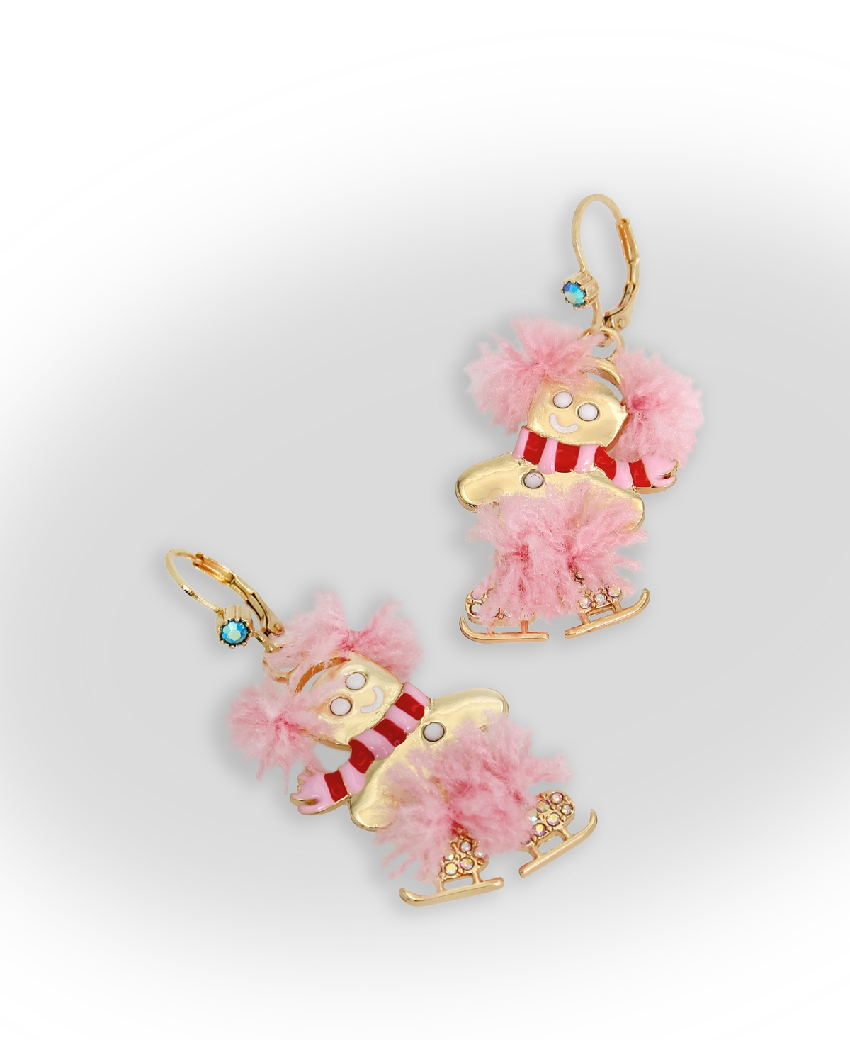 Betsey Johnson Faux Stone Jingle Bell Bling Christmas Gingerbread Skater Drop Earrings -Gold