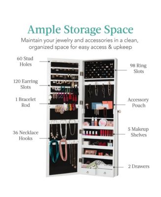 Jewelry Armoire Cabinet, Full Length Mirror w/ Velvet Storage Interior, Lock