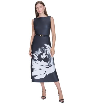 Halston Women's Floral-Graphic Belted Fit & Flare Dress - Macy's