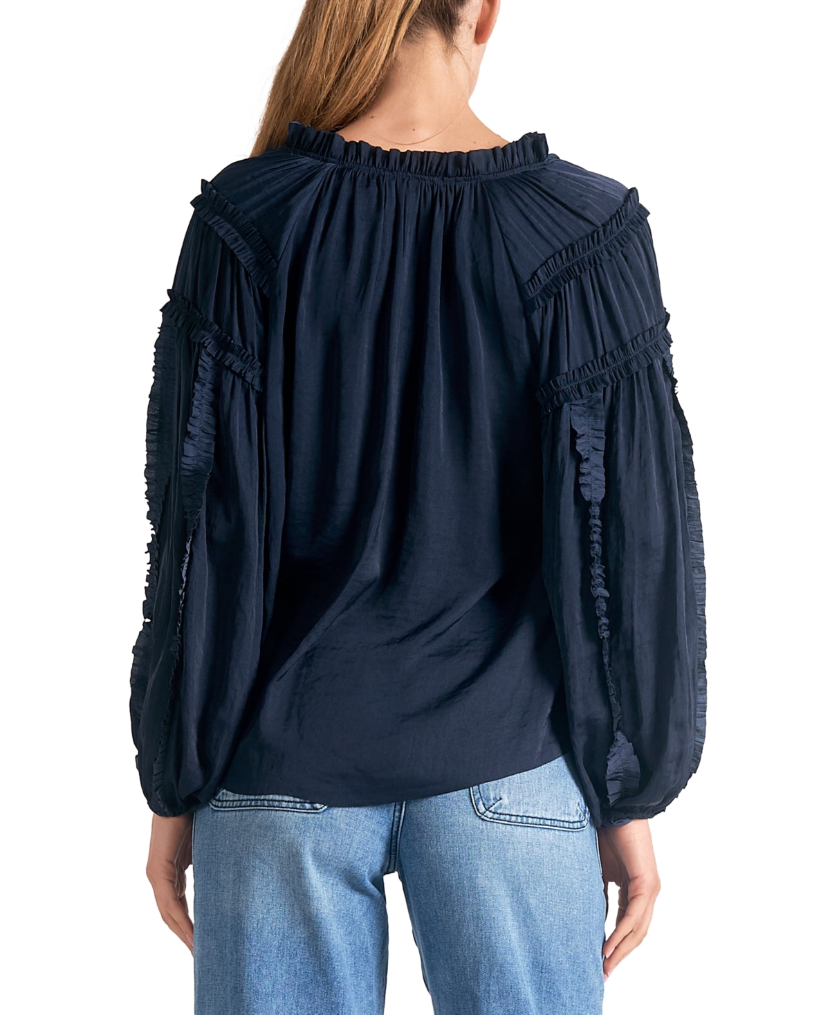 Shop Elan Women's Tie-neck Ruffled-trim Long-sleeve Top In Navy