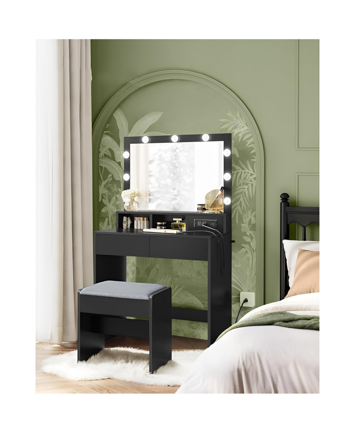 Slickblue Vanity Desk with Power Outlets, Makeup Vanity with Mirror and Lights