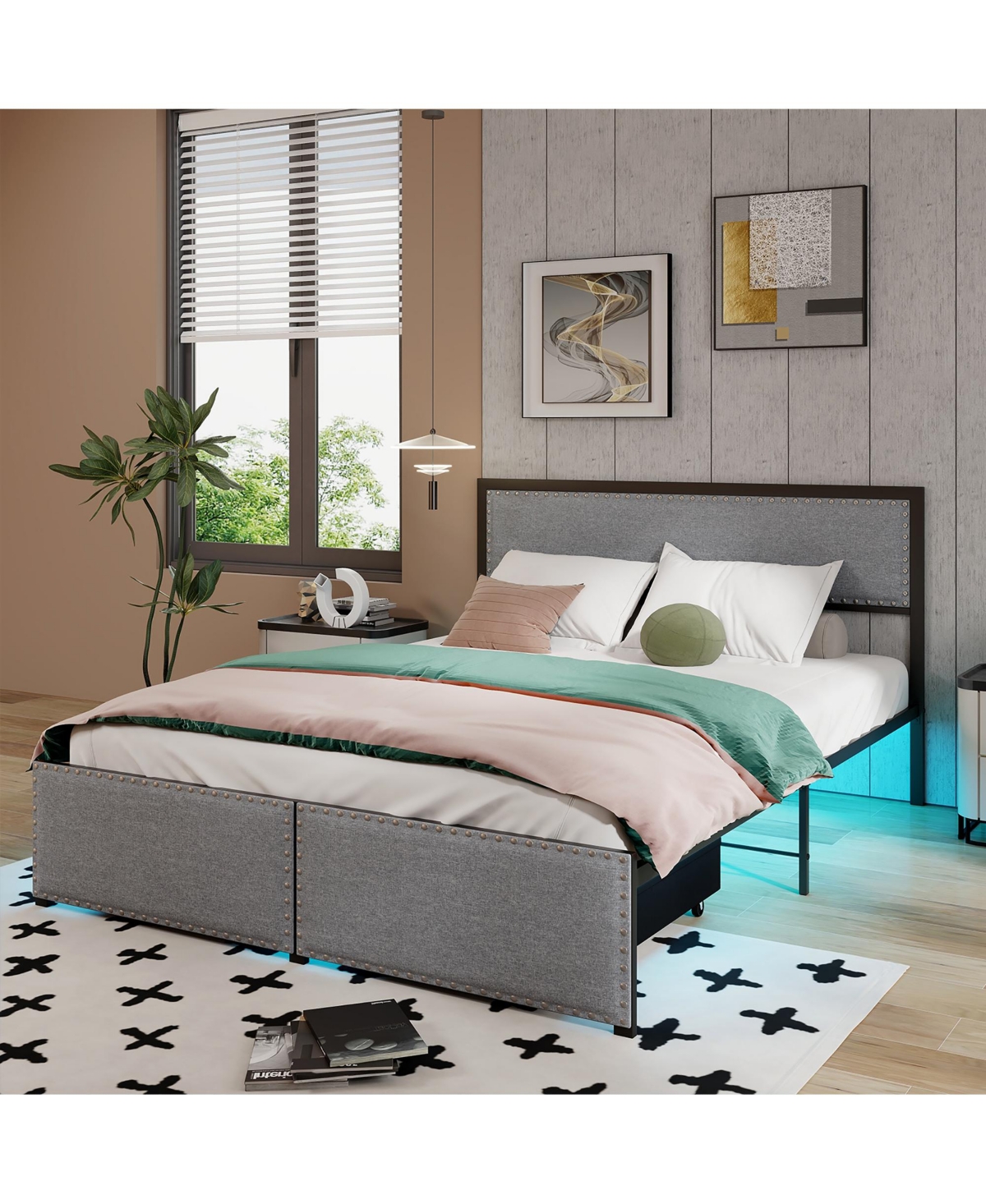 Gymax Queen Frame w/ 2 Storage Drawers Led Lights Slats Support Modern - Grey+black
