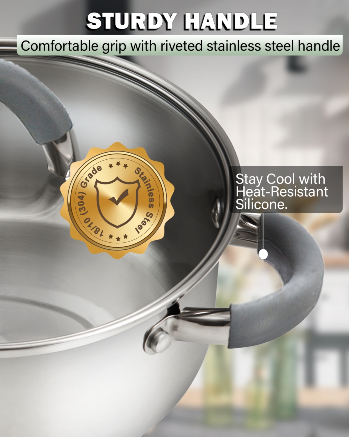 Cook N Home 12 Piece set Stainless Steel Basic Pots and Pans Cookware, Grey Silicone Handle
