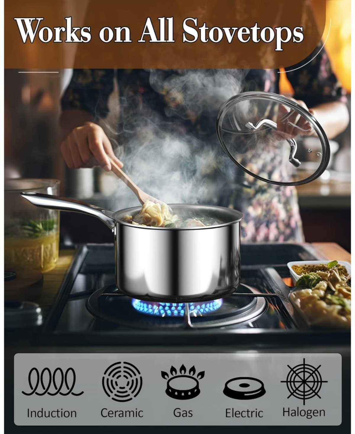Cook N Home Tri-Ply Full Clad Stainless Steel Saucepan with Glass Lid,- Silver