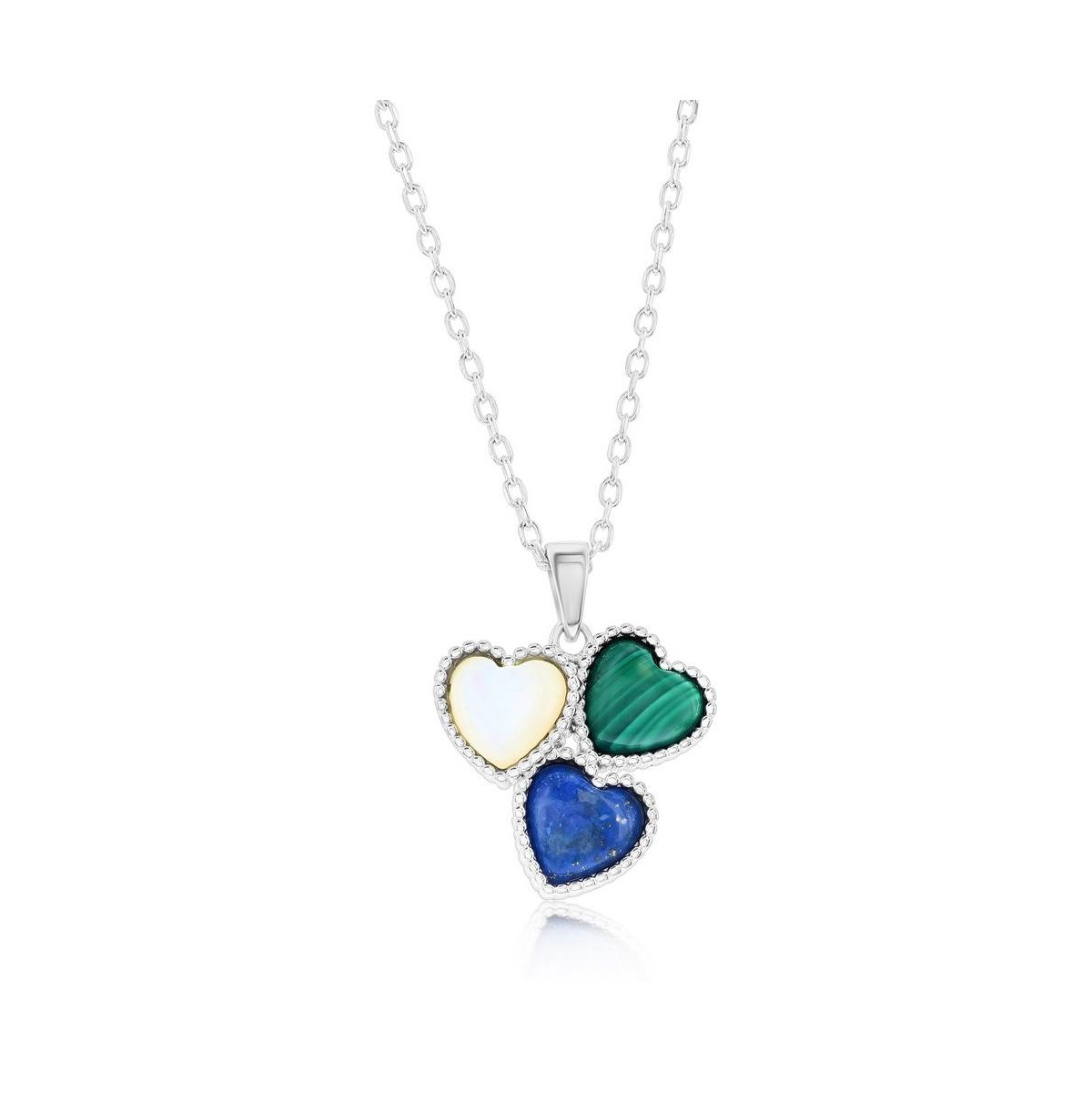 Sterling Silver Triple Cluster Heart Mop, Lapis, & Malachite Necklace - Lapis, malachite  mop