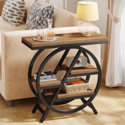 End Table, 3-Tier Narrow Side Table, Wood Sofa Side Table with Geometric Metal Frame, Industrial Nightstand and Bedside Table for Bedroom