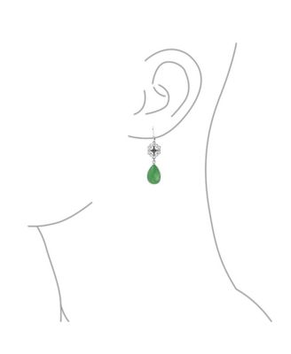 Dyed Green Jade Filigree Teardrop Pear Shaped Good Fortune Lever Back Dangle Earrings .925 Sterling Silver
