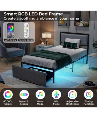 Twin Size Bed Frame w/ Storage Drawer Metal Platform Bed w/ LED Lights