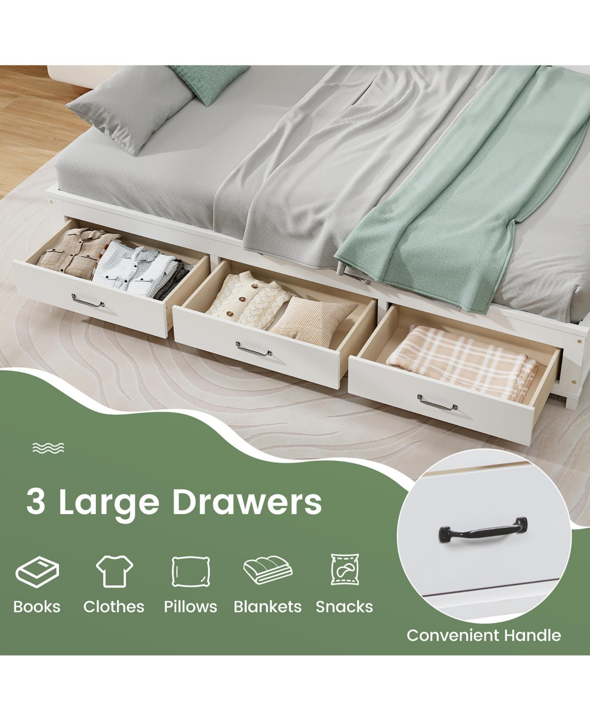 Gymax Full Daybed w/ 3 Drawers Wooden Sofa Bed Frame w/ Storage Shelves - White+beige