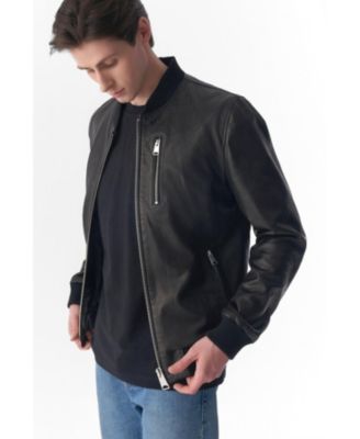 Men's Genuine Leather Bomber Jacket, Natural Grain Black