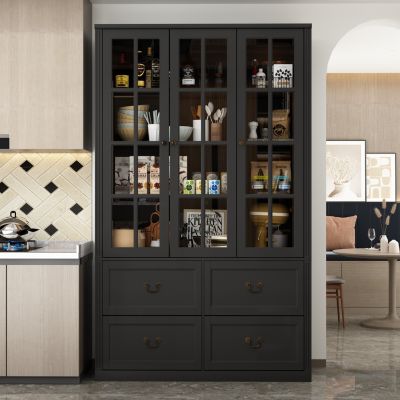 Grey Wood Bookcase With Tempered Glass Doors and 6-Drawers