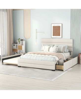 Queen Upholstered Platform Bed with Twin Size Trundle and Two Drawers