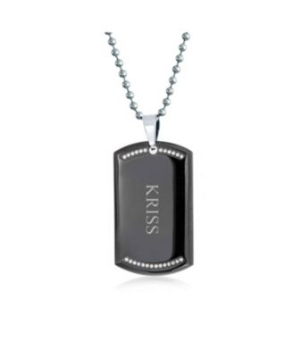 CZ Edge Black Dog Tag Pendant Necklace Stainless Steel with Bead Ball Chain 24 In