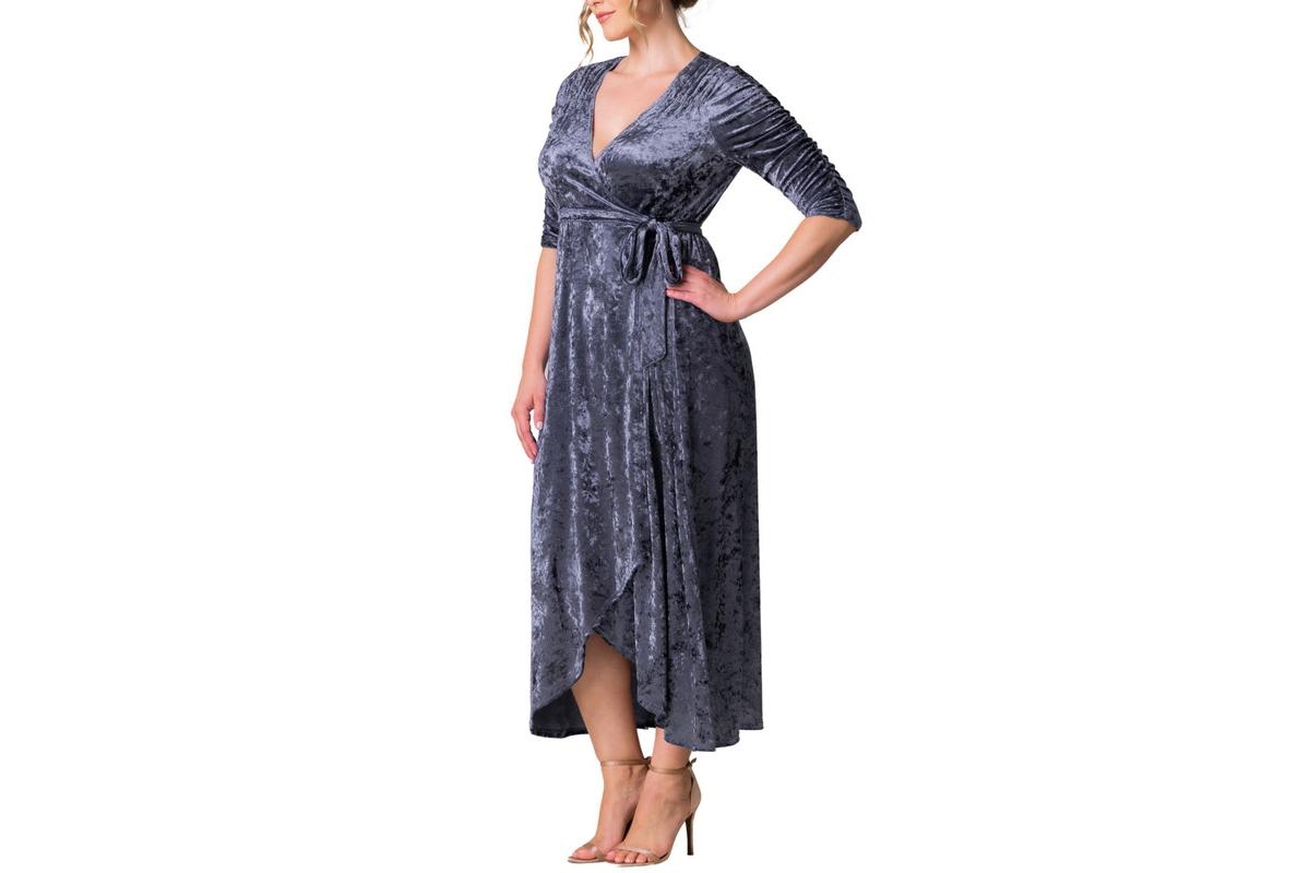 Kiyonna Plus Size Cara Velvet High Low Long Wrap Dress