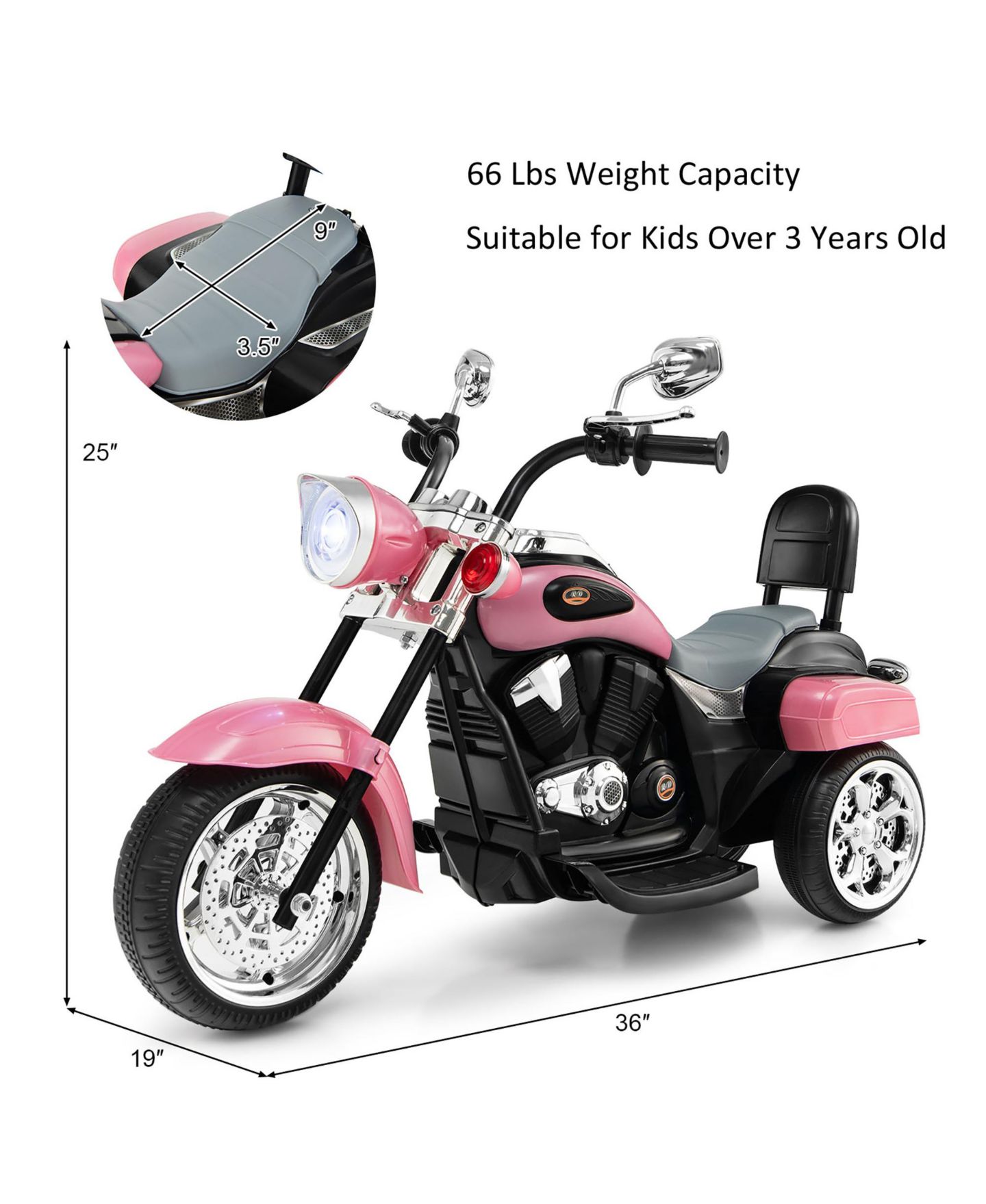 Детская игрушка Costway Chopper 3-Wheel Battery-Powered Rechargeable Kids Motorcycle, 44-lb. Capacity, Ages 3+, цвет: Розовый — фото 2