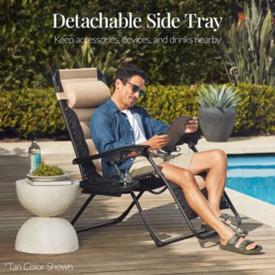 Oversized Padded Zero Gravity Chair, Folding Outdoor Patio Recliner w/ Side Tray