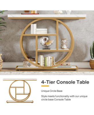 41.3" Console Table, Industrial 4-Tier Sofa Table Entryway Table with Circle Base, Narrow Wood Accent Tables with Shelves, Light Brown
