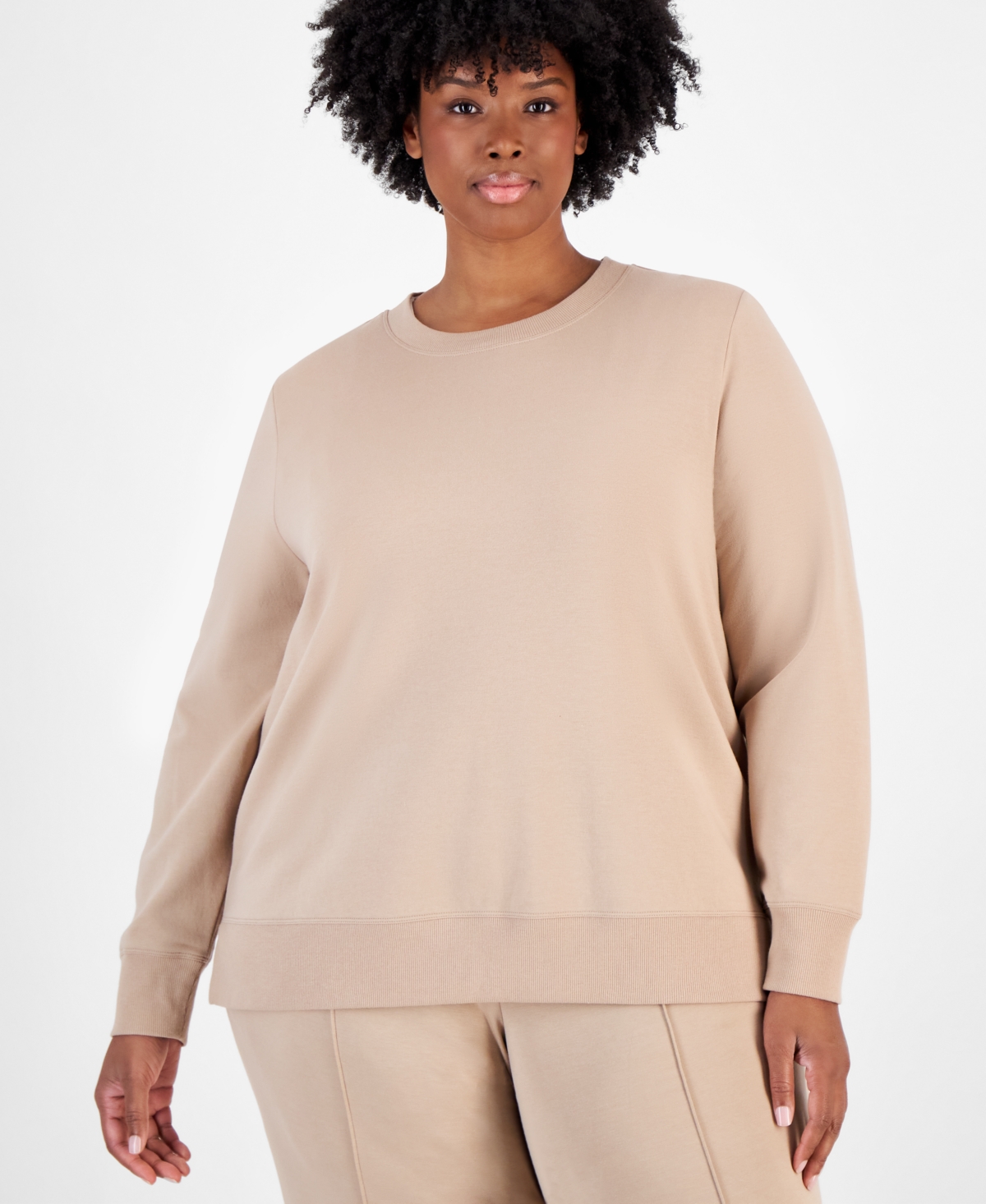 Plus Size Fleece Crewneck Pullover Top, Created for Macy's - Rose Tint