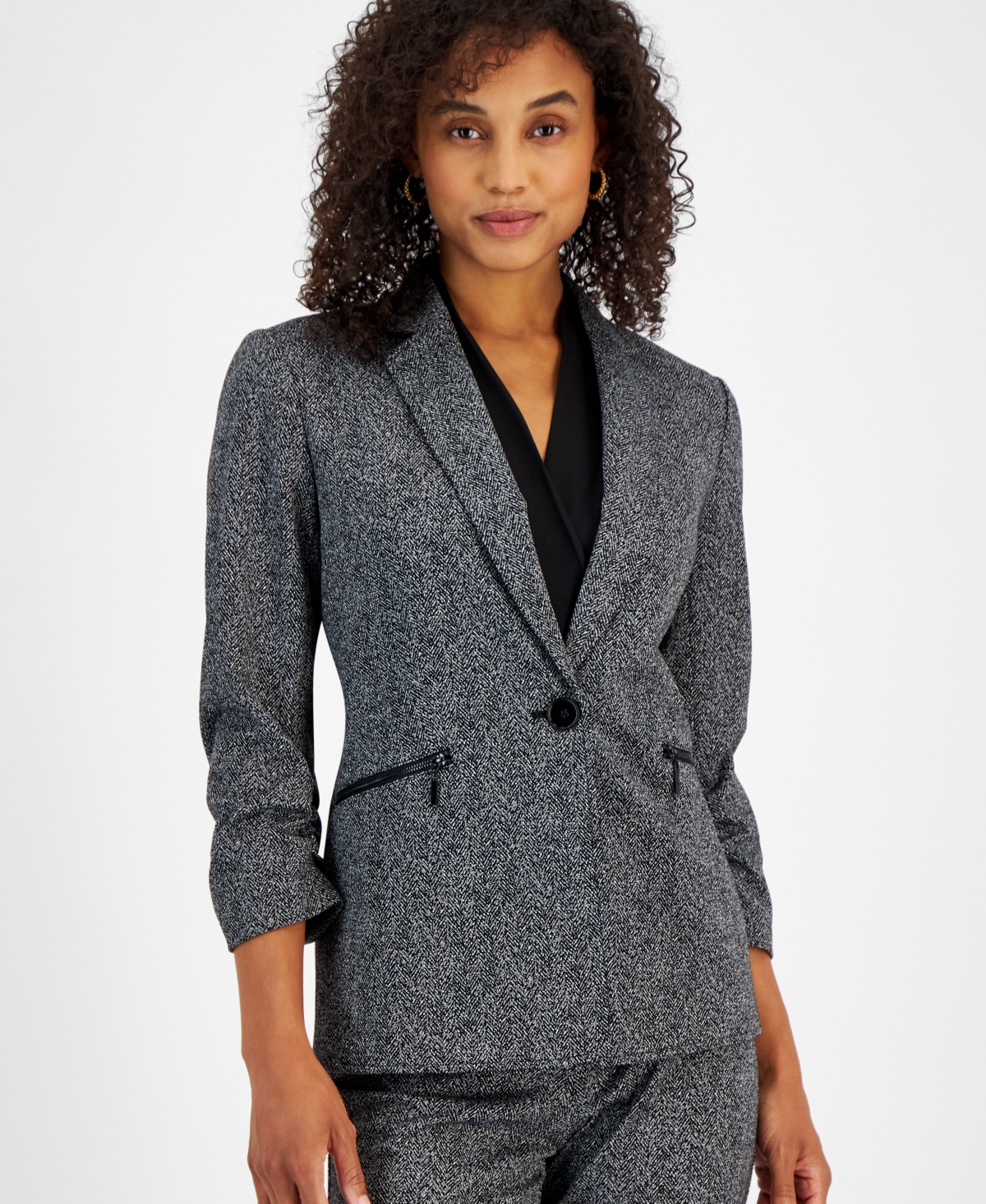 Kasper Women's Printed Ruched-Sleeve One-Button Blazer, Regular & Petite Sizes