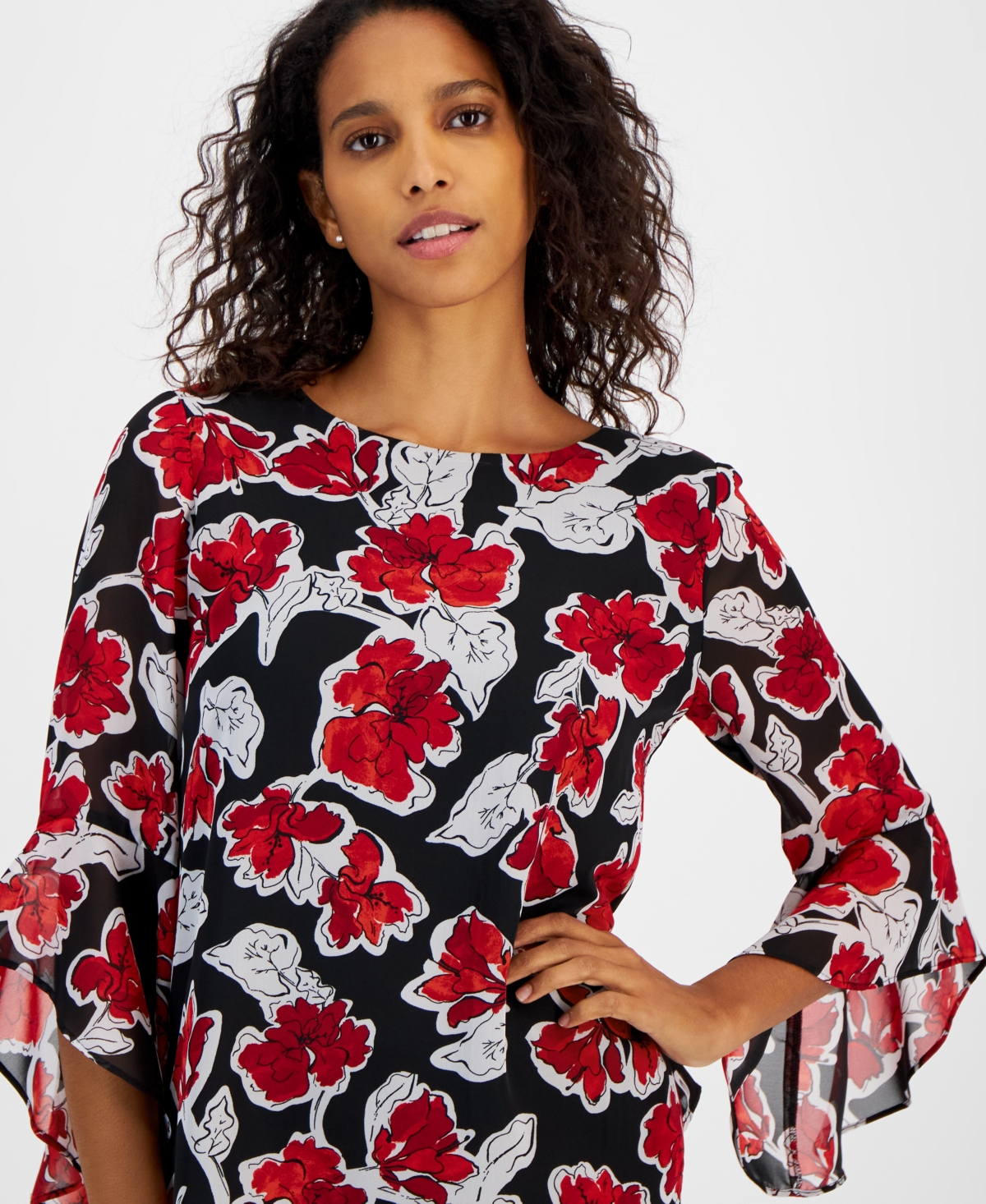Kasper Women's Floral-Print Crewneck Ruffle-Sleeve Blouse, Regular & Petite Sizes