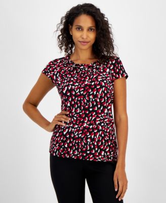 Kasper - Women's Animal-Print Cowl-Neck Short-Sleeve Top