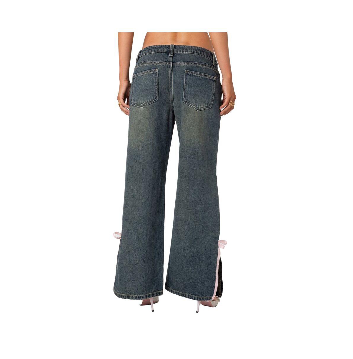 Edikted Women's Bow slitted vitange washed jeans - Blue-washed