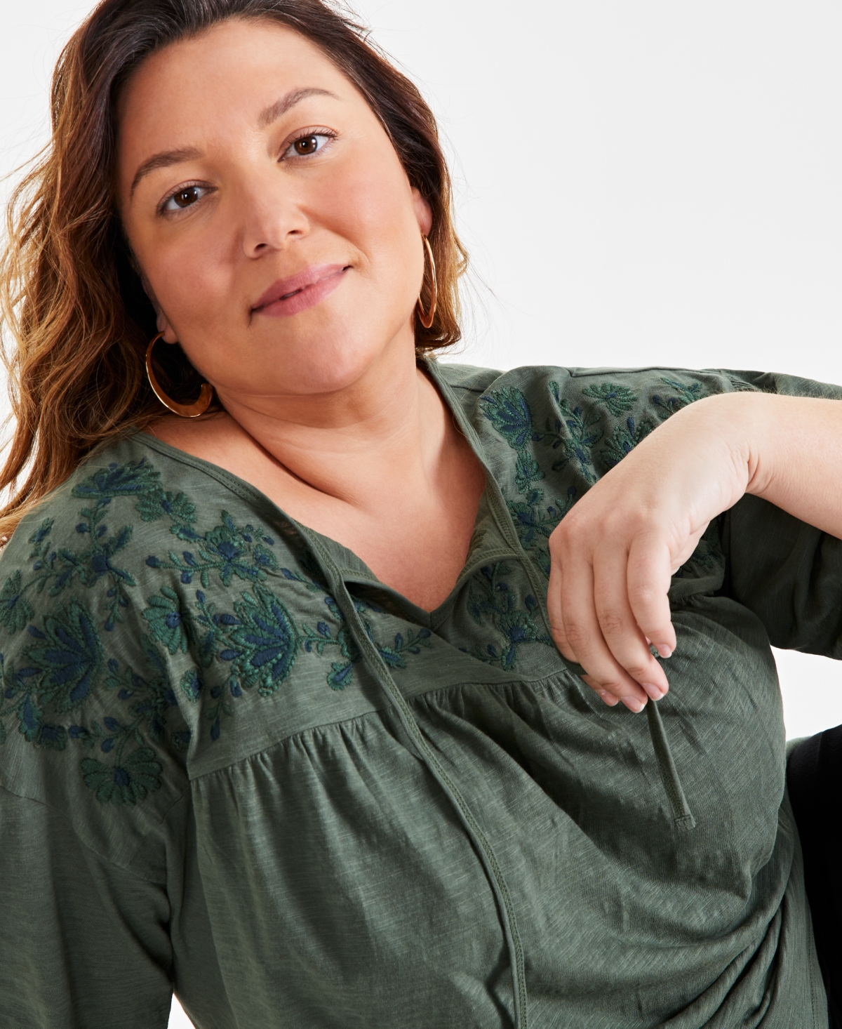 Style & Co Plus Size Embroidered-Yoke 3/4-Sleeve Top, Created for Macy's
