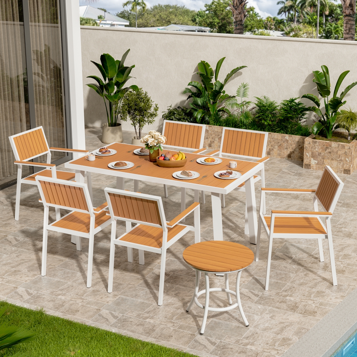 Pamapic 8-Piece Aluminum Teak Outdoor Patio Dining Set with Rectangle Table, Small Side Table and 6-Stackable Chairs - Yellow  White
