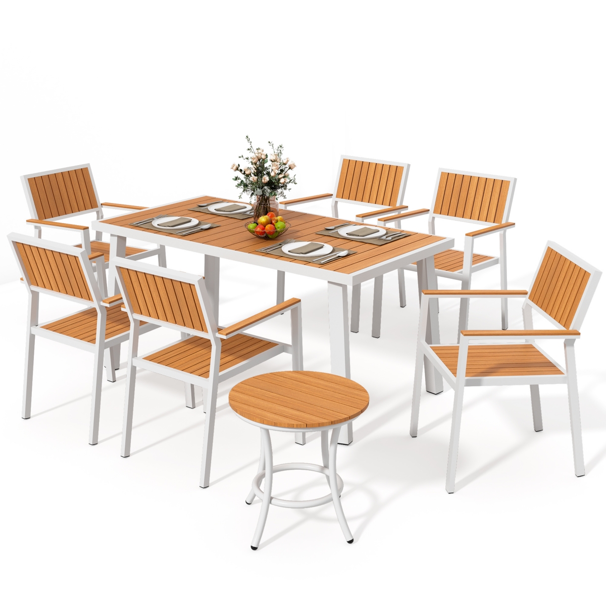 Pamapic 8-Piece Aluminum Teak Outdoor Patio Dining Set with Rectangle Table, Small Side Table and 6-Stackable Chairs - Yellow  White