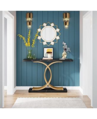 Gold Entryway Table, Modern 39-Inch Console/Accent Table with Geometric Metal Legs, Faux Marble Narrow Wood Sofa Table, Foyer Table for Entrance, Living Room
