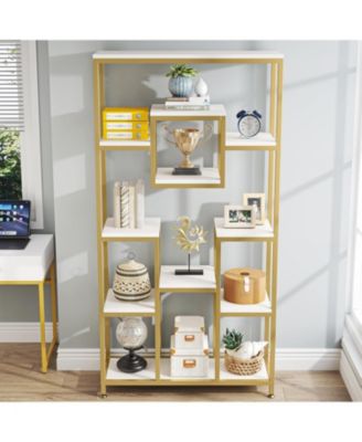 71" Gold Bookshelves Set of 2, 11-Tier Large Tall Open Display Bookshelf, Geometric Cubed Etagere Bookcase, Modern Book Shelf, Gold & White