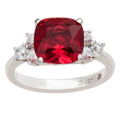 Suzy Levian Sterling Silver Red Cubic Zirconia Center Stone Ring
