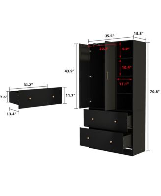 White Wood Armoires Wardrobe With Mirror, Pulling Hanging Rod, Drawers