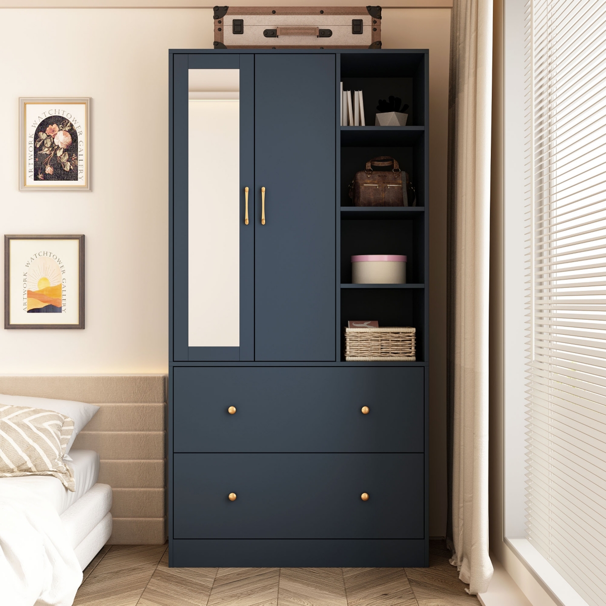 FamapyWood Armoires Wardrobe With Mirror, Pulling Hanging Rod, Drawers - Blue