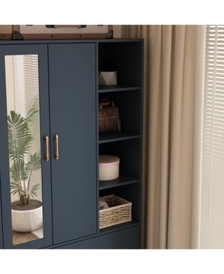 White Wood Armoires Wardrobe With Mirror, Pulling Hanging Rod, Drawers