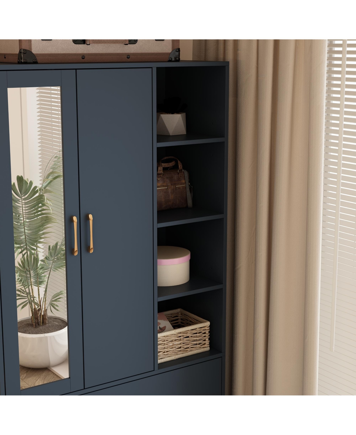 FamapyWood Armoires Wardrobe With Mirror, Pulling Hanging Rod, Drawers - Blue