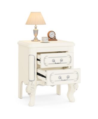 White Nightstand Set of 2: Classic End Tables with 2 Drawers & Carved Design – Ideal for Bedroom or Living Room