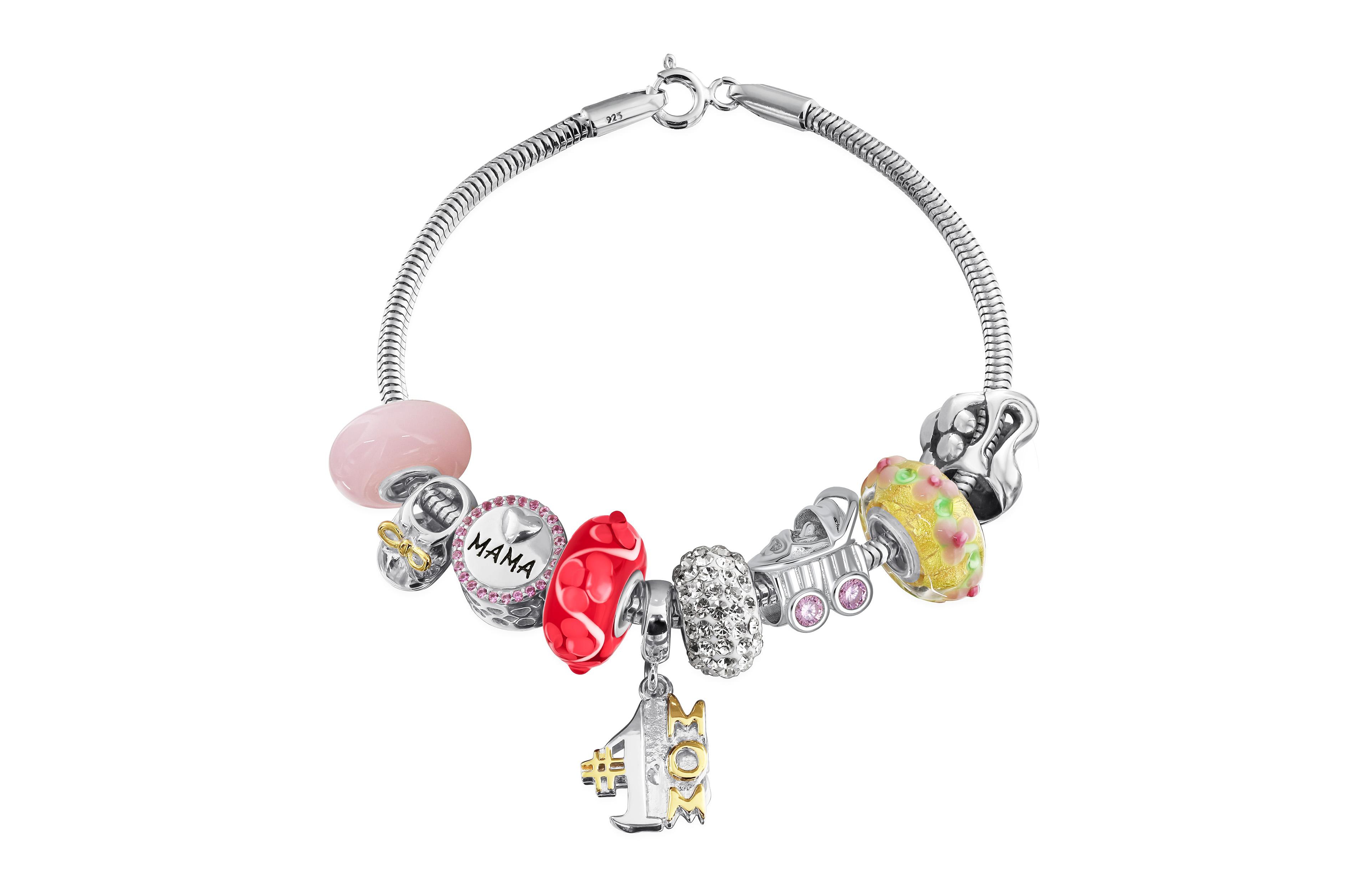 Bling Jewelry #1 Mom Wife Family Cheerleader Grandma Love Themed Starter Beads Multi Charm Bracelet For Women .925 Silver Snake Chain European Barrel