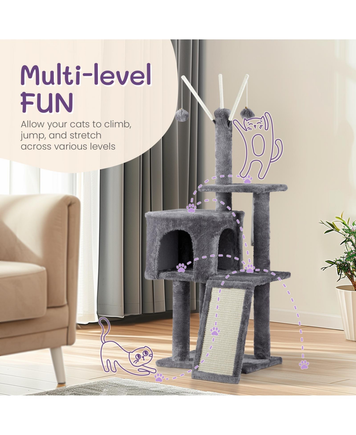 Slickblue Cat Tree – Indoor Cat Tower with Padded Platform Bed, Toy Balls, Large Cozy Condo, and Scratch Board, Dark- Grey