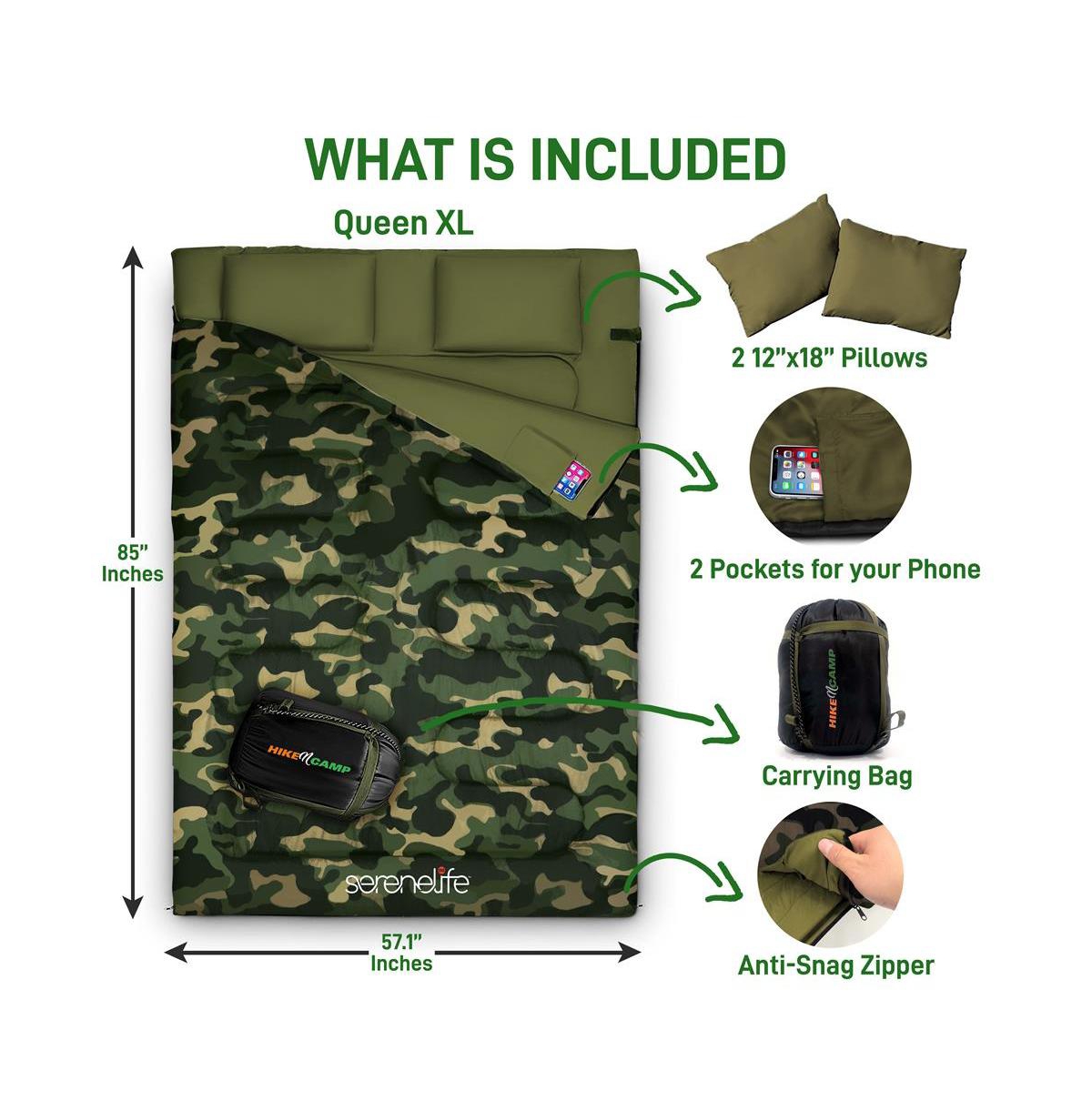 SereneLife Double Sleeping Bag With Two Pillows and Carrying Bag (Camouflage) -khaki